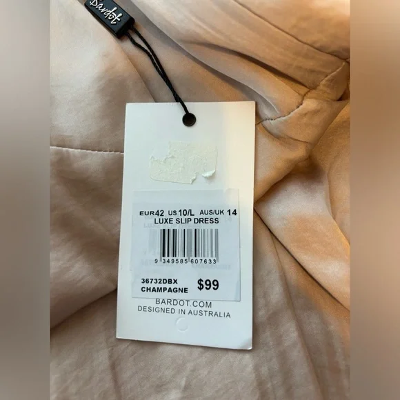 NWT Bardot Champagne Luxe Slip Dress Satin Silk Cross Back Strap Size 10/L - Picture 8 of 9